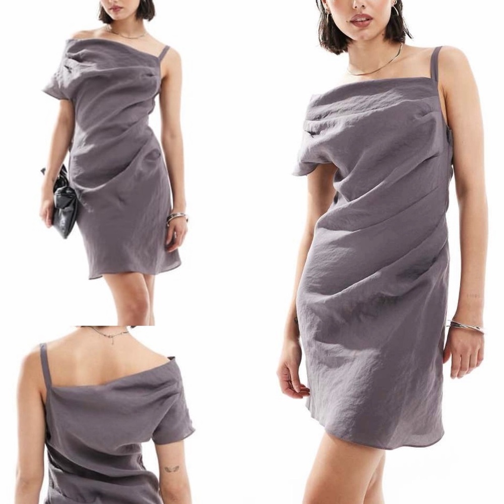 ASOS DESIGN gray mini dress off shoulder strap detail asymmetrical dress